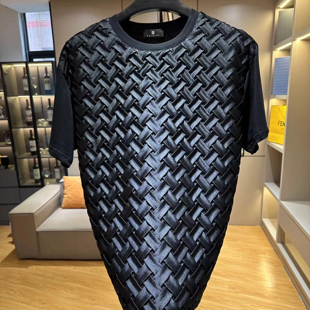 夏季新款轻奢黑色拼接短袖男士时尚休闲半袖宽松潮流男款圆领上衣