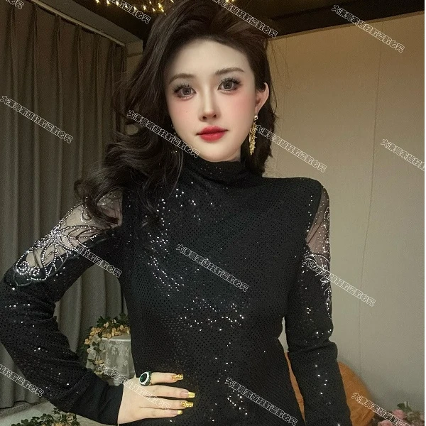 【秋冬新款】满天星欧货蕾丝爆款洋气时尚重工烫钻长袖打底衫女