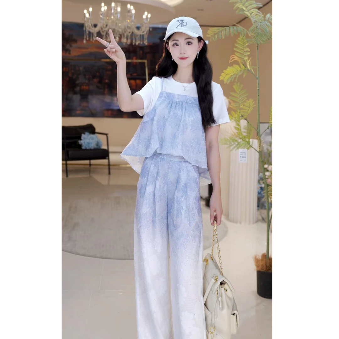 休闲渐变印花假两件夏季气质牛仔长裤套装dk814659+814660洋气