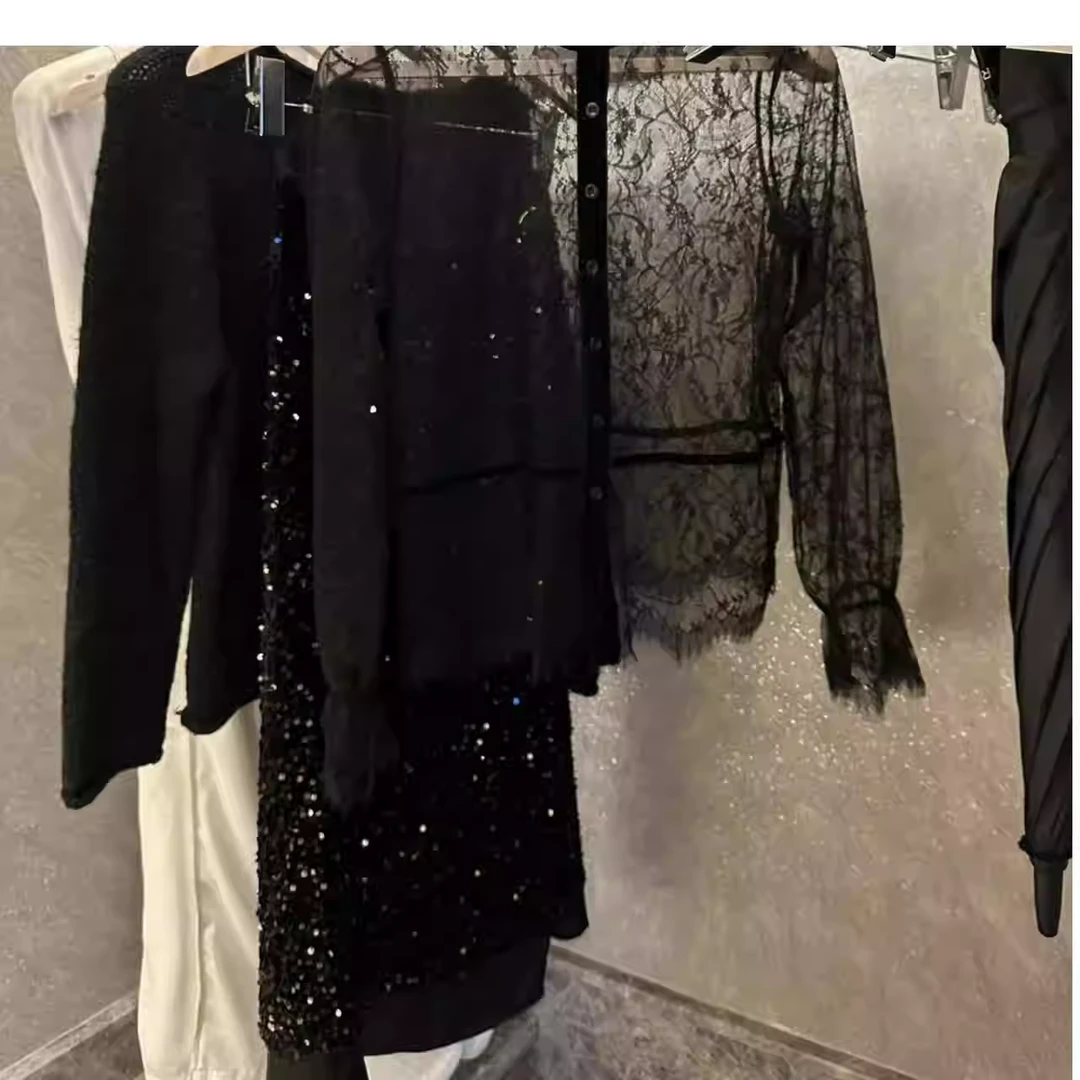 【BORAKOO】超闪黑色亮片开叉半身裙S