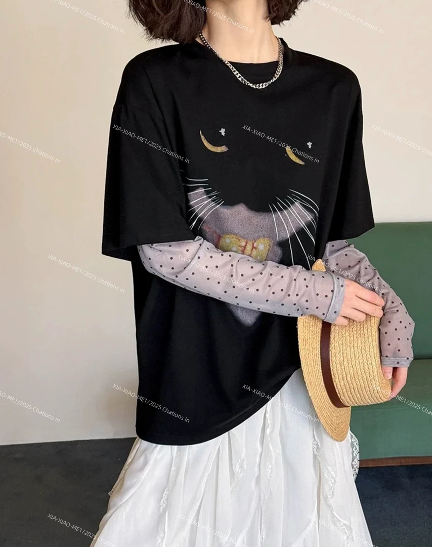 XIAOMEI｜猫咪印花波点袖假两件长袖T恤-5063