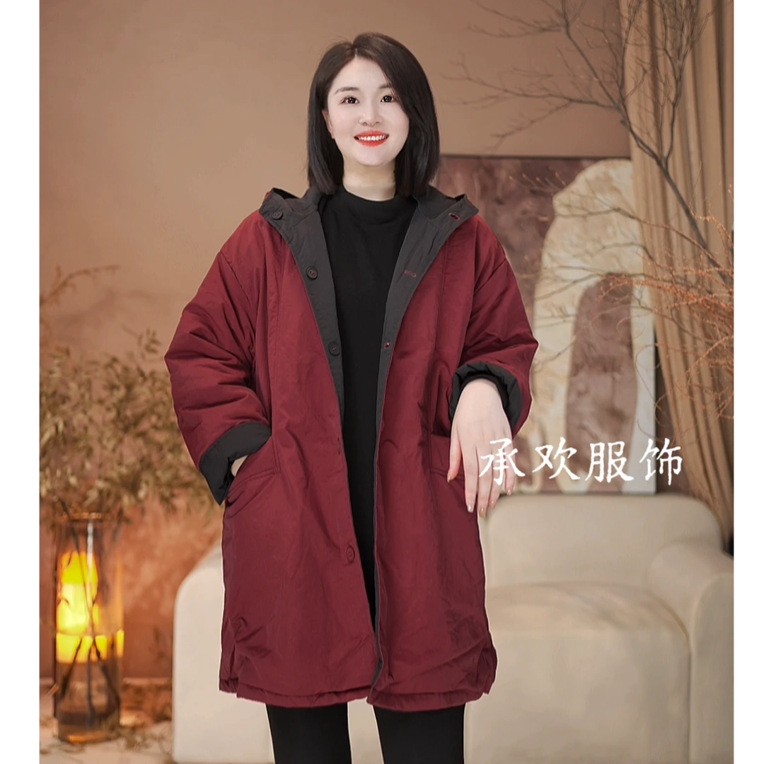 爆款女装中长款两面穿棉服拼接连帽显瘦宽松保暖韩版不规则外套