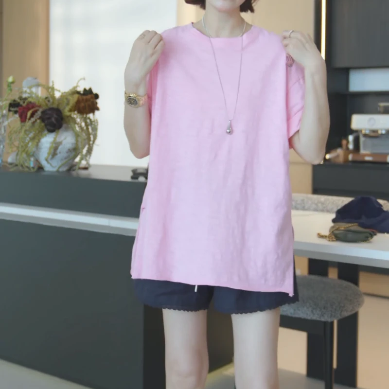 2025夏季百搭简约高级宽松显瘦圆领开叉休闲短袖T恤女LK2503061