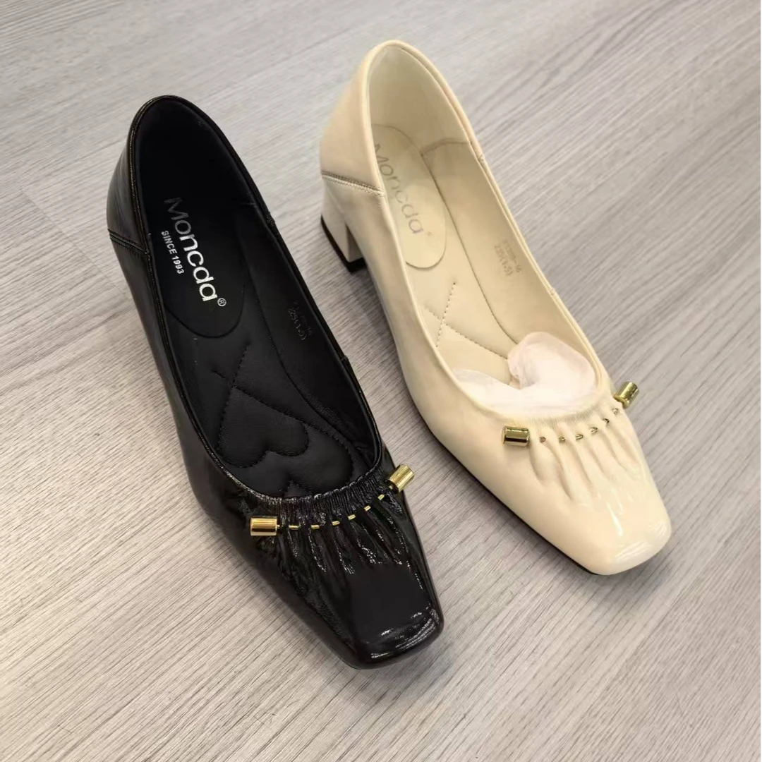 方头粗跟薄款玛丽珍鞋一脚蹬单鞋平底鞋女士休闲豆豆鞋漆皮