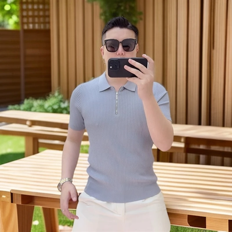 维斯克纳夏季新款修身简约纯色百搭翻领拉链冰丝短袖T恤polo衫
