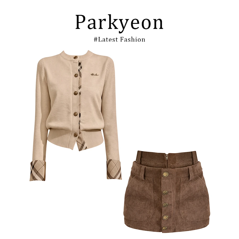 【同款性价比】格纹撞色圆领针织开衫女2025秋冬包臀半身裙显瘦套装