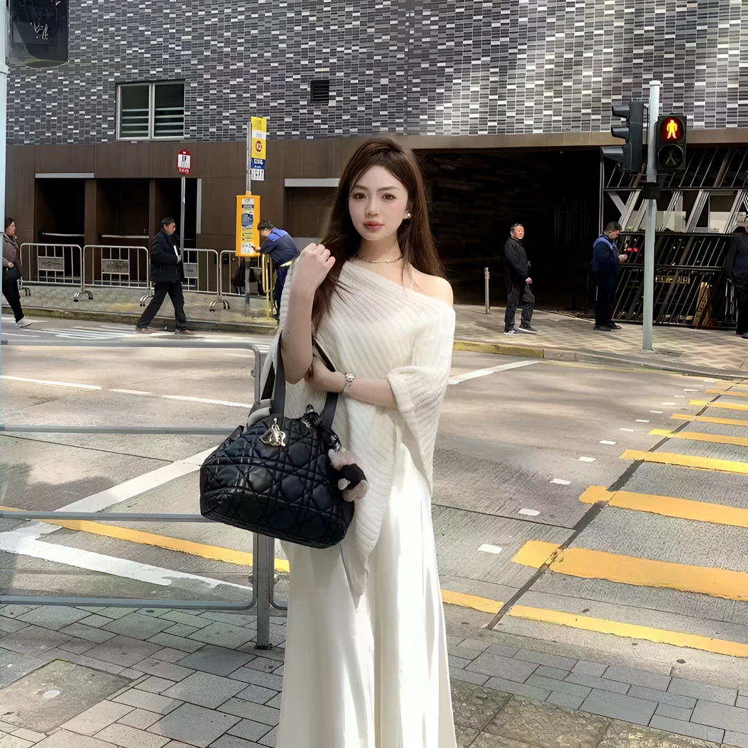 叮叮家【大女主】小众宽松针织罩衫+醋酸吊带长裙套装-新