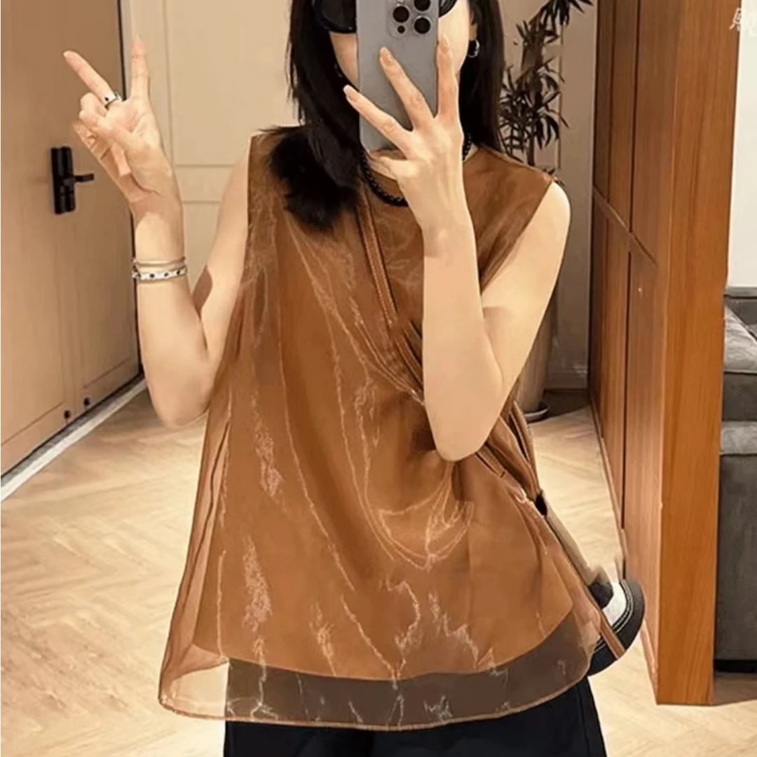 25319夏季新款时尚韩版圆领显瘦百搭无袖衬衫女拼接网纱上衣ins风