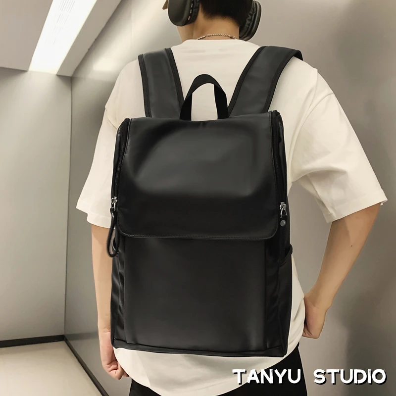 探屿PU翻盖拉链式双肩包男高中大学生大容量初中生书包女电脑背包