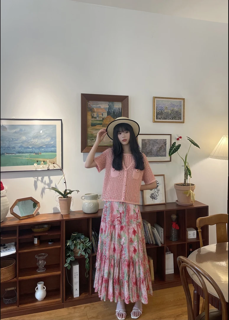 AOSER时尚套装粉色森系短袖+时尚法式轻熟风休闲风夏季气质百褶裙