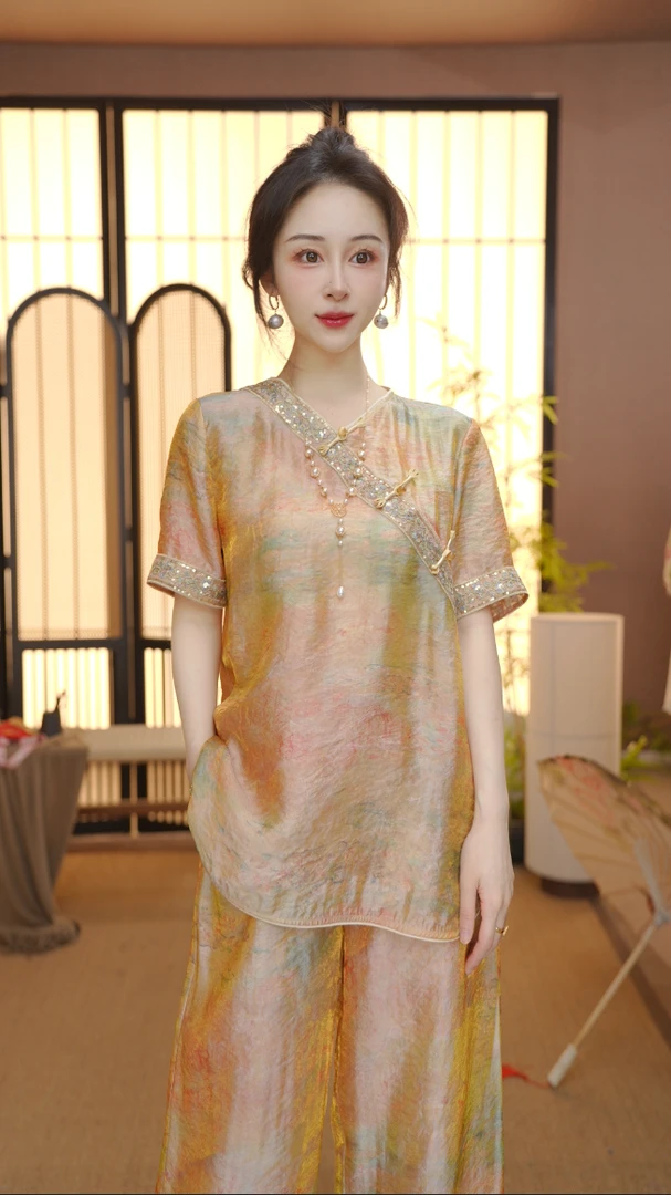 新中式2025夏季气质百搭提花立领短袖上衣裤子女FB2506092