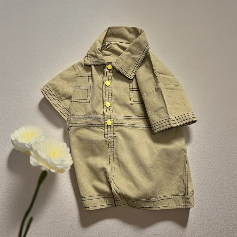 儿童连体夏款时尚运动休闲韩版卡其百搭潮流工装风男童短袖T夏季