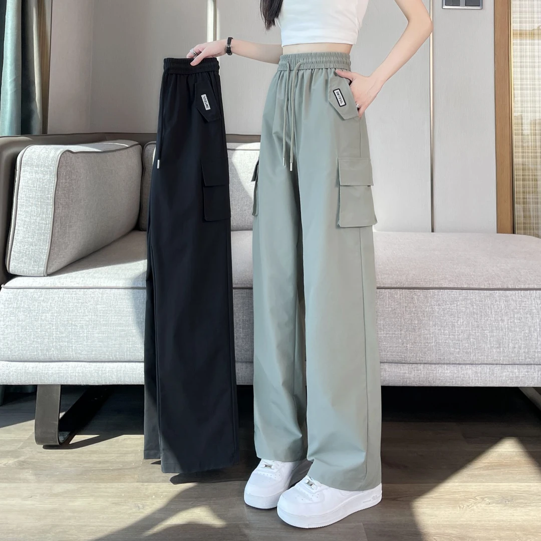 速干冰丝工装裤女夏季薄款2025新款窄版阔腿显瘦直筒高腰运动卫裤