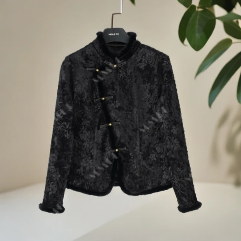 仫赐【明月】中式国风毛领高级感打底烧花斜襟盘扣上衣F9955