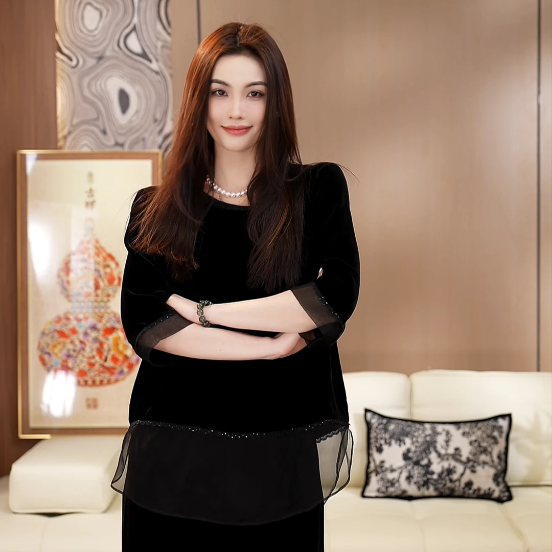 钉珠真丝丝绒拼接欧根纱黑色中袖显瘦时尚上衣衬衫