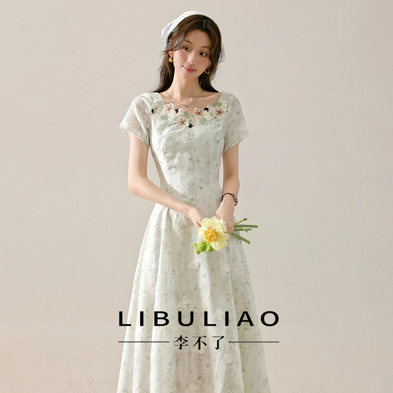 李不了【青野花汐】夏日巨好看绿色碎花连衣度假风显瘦长裙L251244