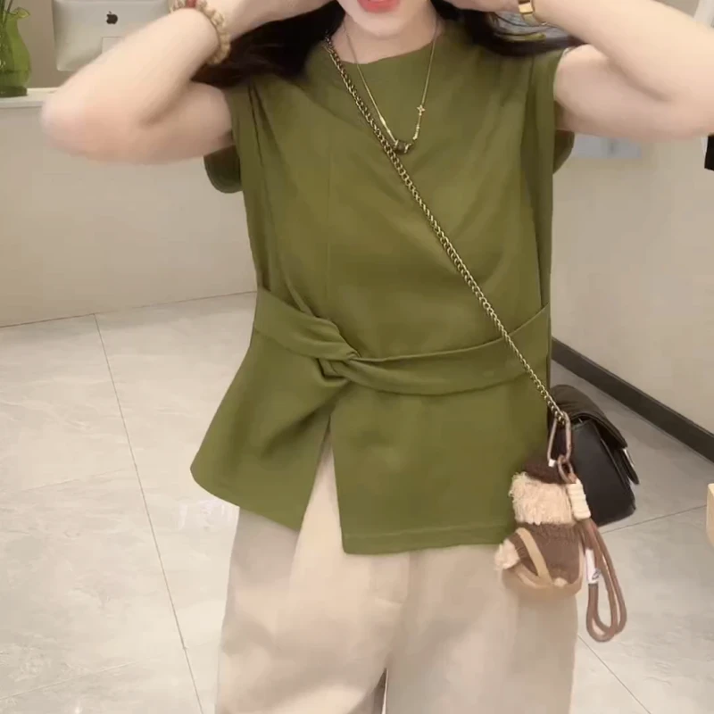 2025夏季新款飞飞袖掐腰扭结开叉下摆T恤LK2503876