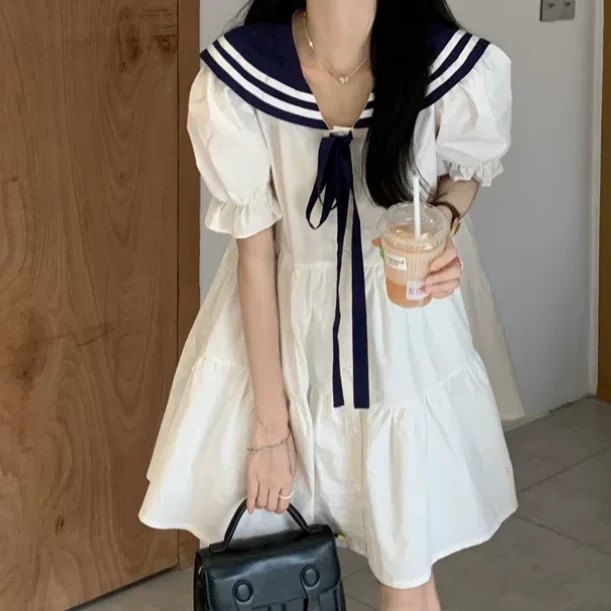 99200学院风海军领系带女夏季宽松显瘦法式白色泡泡短袖娃娃裙子
