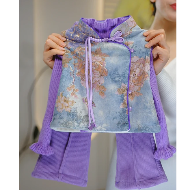 紫色马甲2025新国风新中式女宝宝背心裤子中式儿童套装春秋