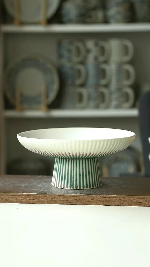 窑变青绿白高足果盘18cm @4-2@