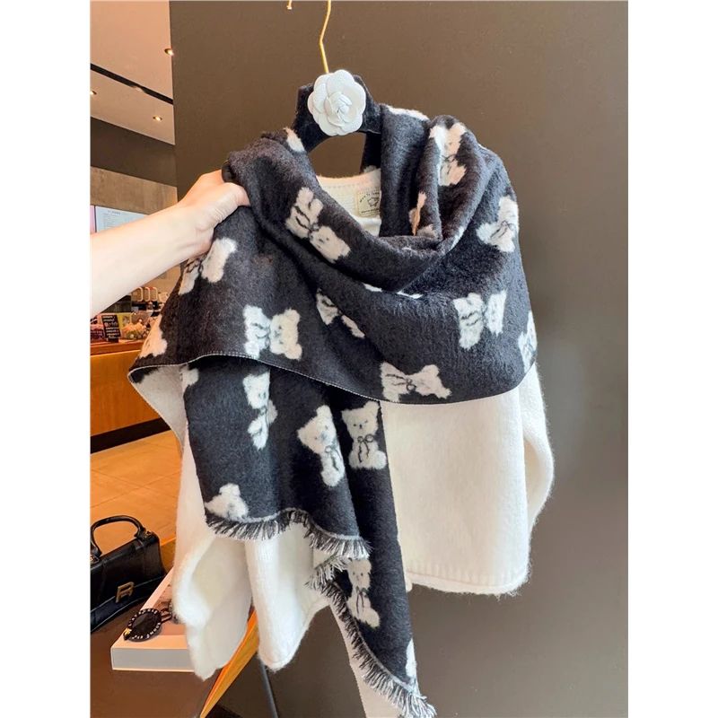 culv新款小熊毛边围巾女秋冬季羊绒加厚加长保暖围脖时尚百搭围脖