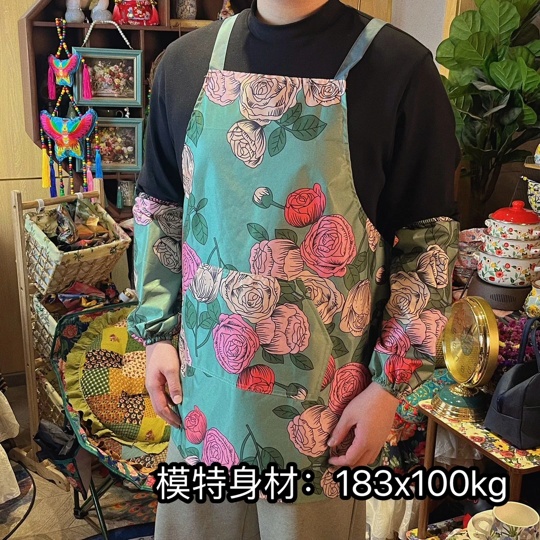 【围裙+套袖】玫瑰花朵挂脖围腰围裙套袖防水防油防污厨房做饭围裙