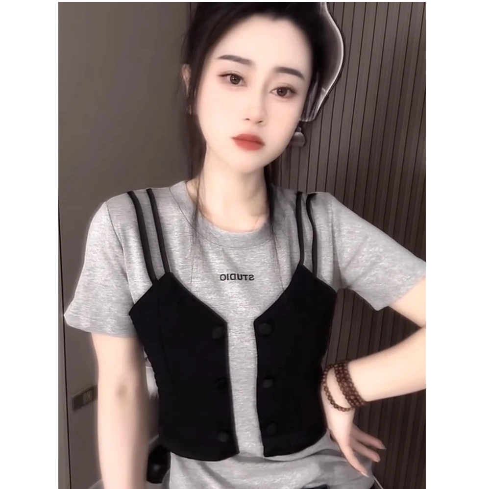 欧货拼接假两件时尚女装短袖T恤2025夏季新款修身显瘦设计感上衣