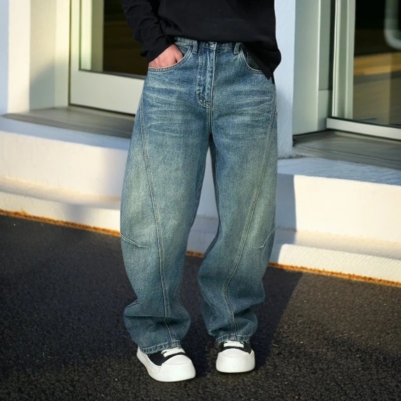 秋季宽松弯刀直筒复古洗水美式潮流时尚高街时尚休闲男牛仔裤裤子