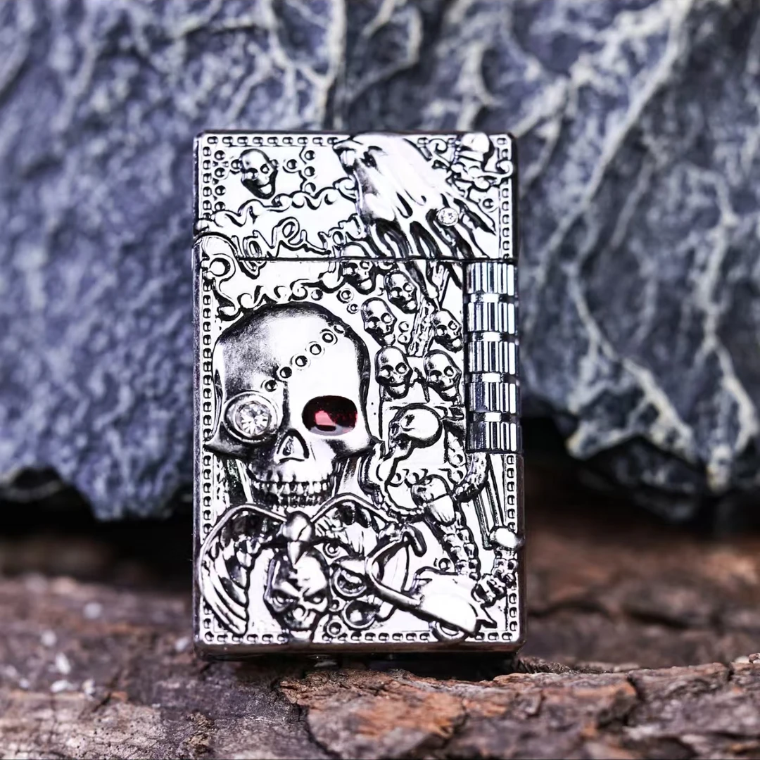 浮雕骷髅头侧滑打火机个性设计经典砂轮斜火