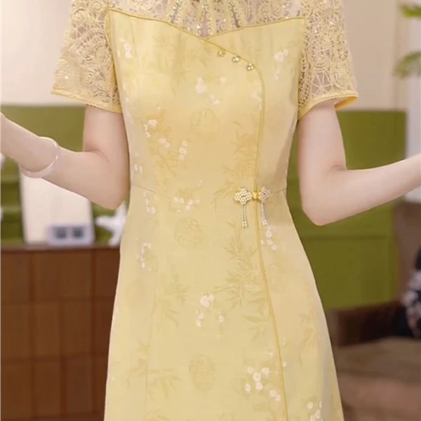 高级桑绉丝面料旗袍连衣裙女夏季2025新款气质新中式国风修身礼服