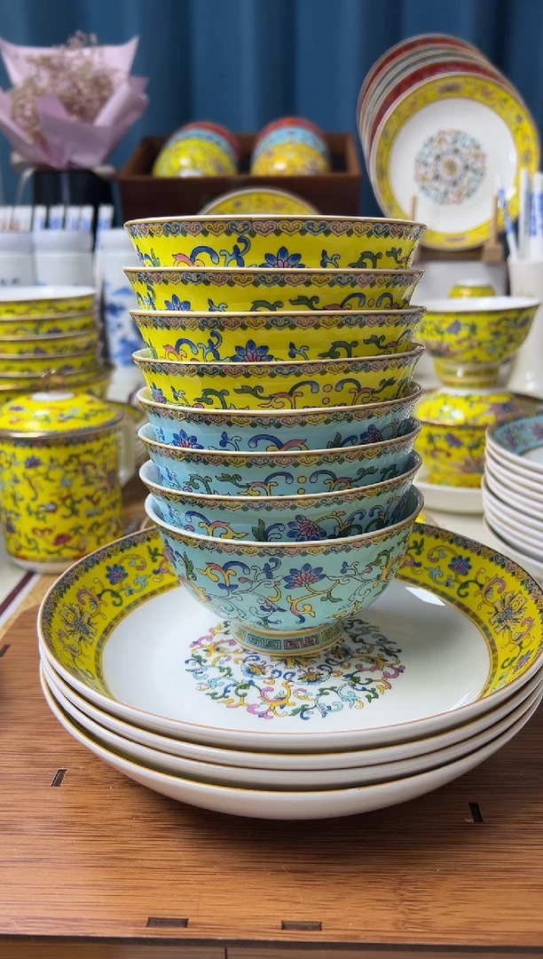 景德镇珐琅彩餐具定制套组 碗4黄4蓝+盘4黄4蓝+8个勺子