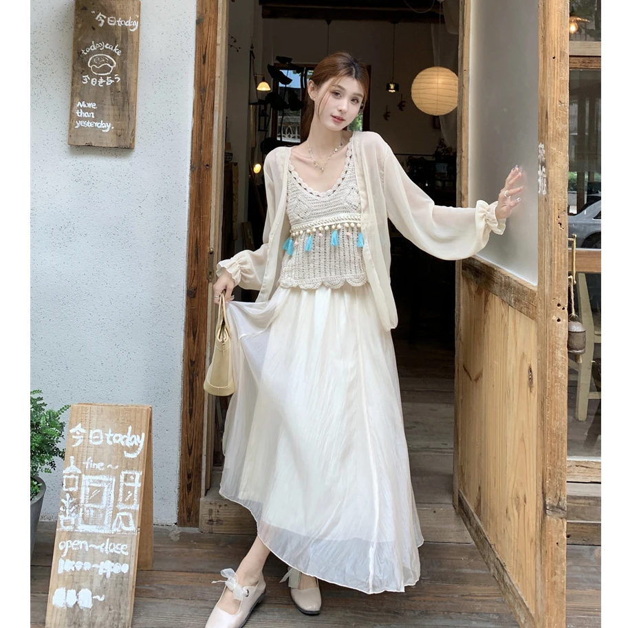 大码女装2025夏季新款温柔吊带开衫旅游民族风盐系穿搭三件套遮肉