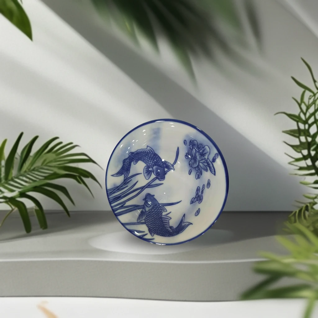 景德镇陶瓷釉下彩青花鱼藻纹斗笠杯功夫茶碗茶盏拍一发二