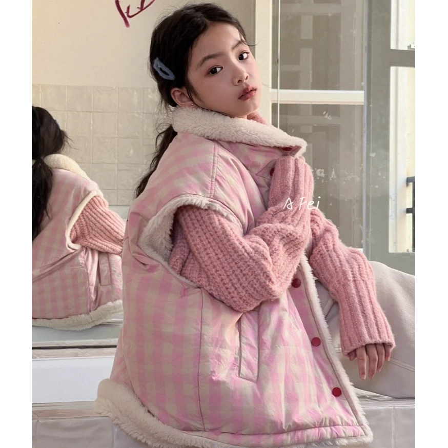 AF- 5043  高货韩系粉格童装马甲外套