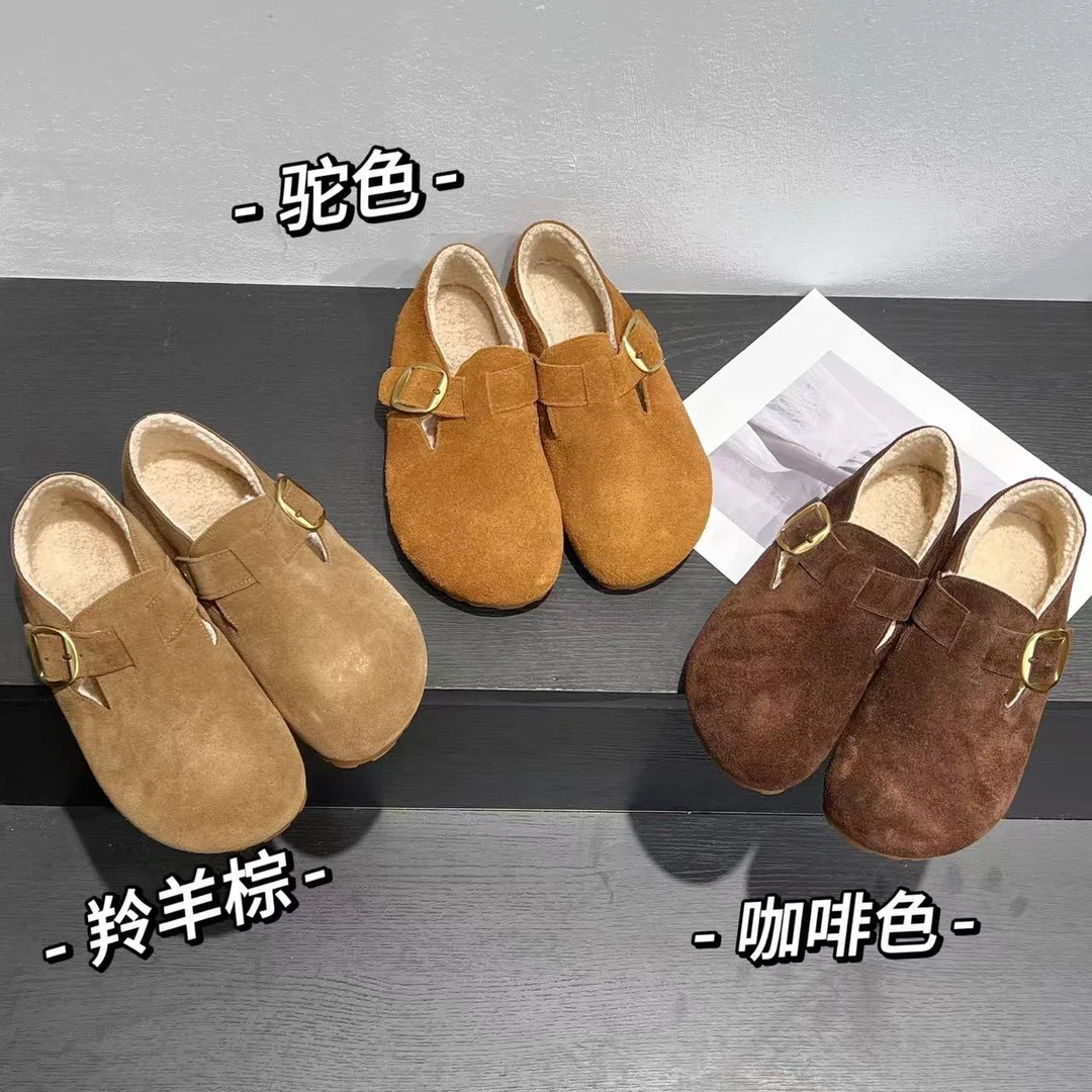 2025秋冬磨砂皮女式全包勃肯鞋加绒百搭防滑休闲一脚蹬保暖豆豆鞋
