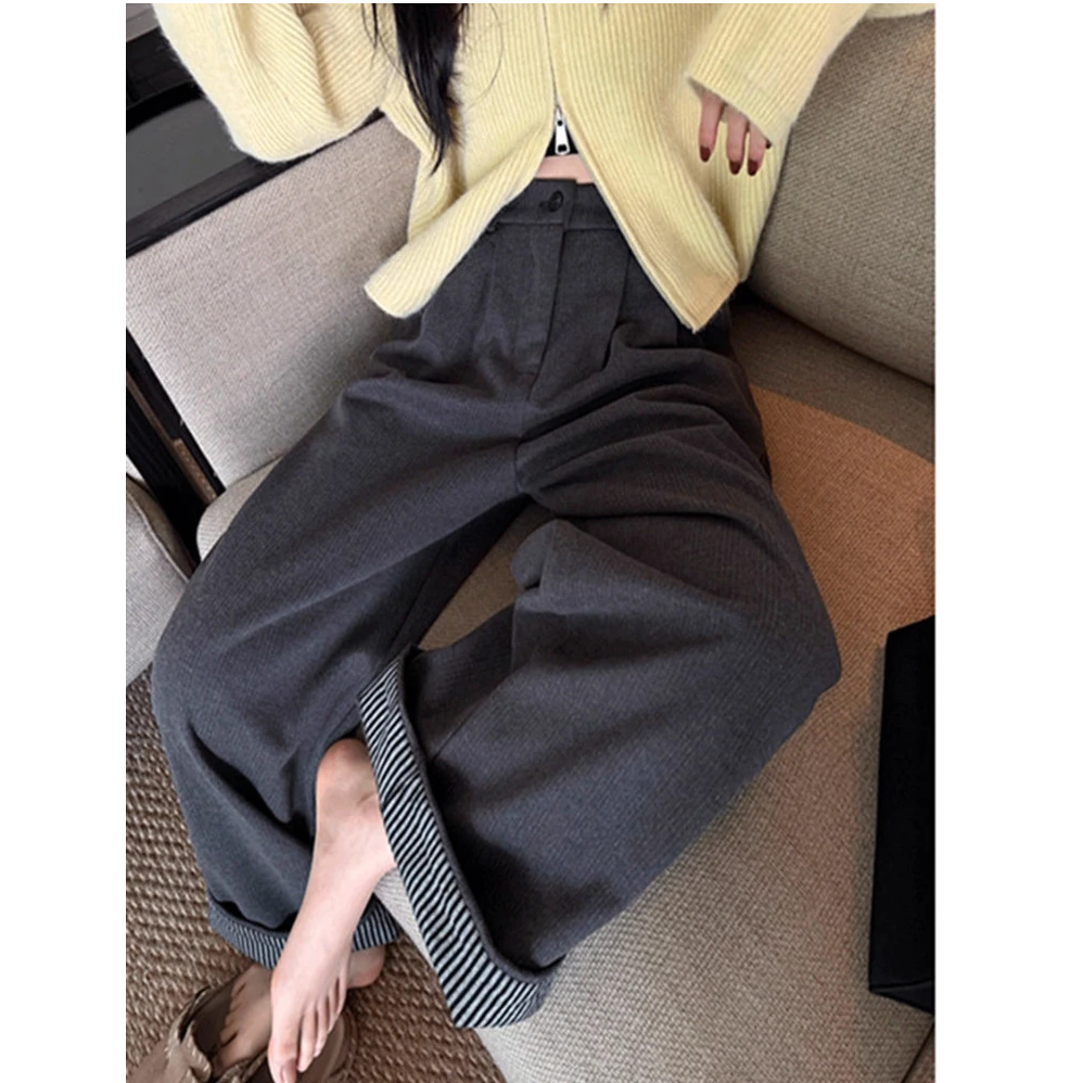 大码女装肥妹妹mm人字纹加绒翻边阔腿秋季高腰宽松显瘦长裤200斤