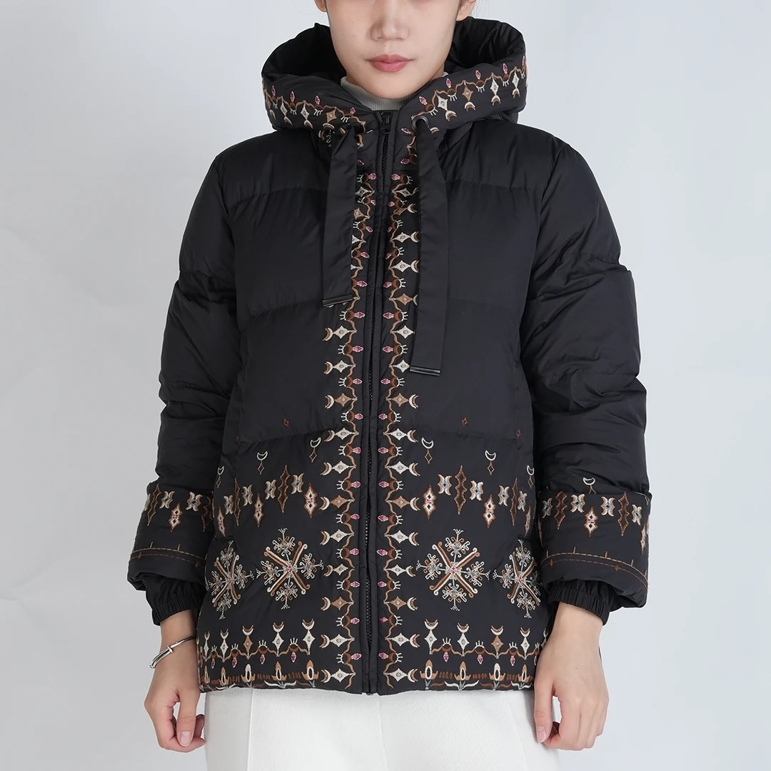 国风重工刺绣连帽插口袋短款羽绒服YECL040197