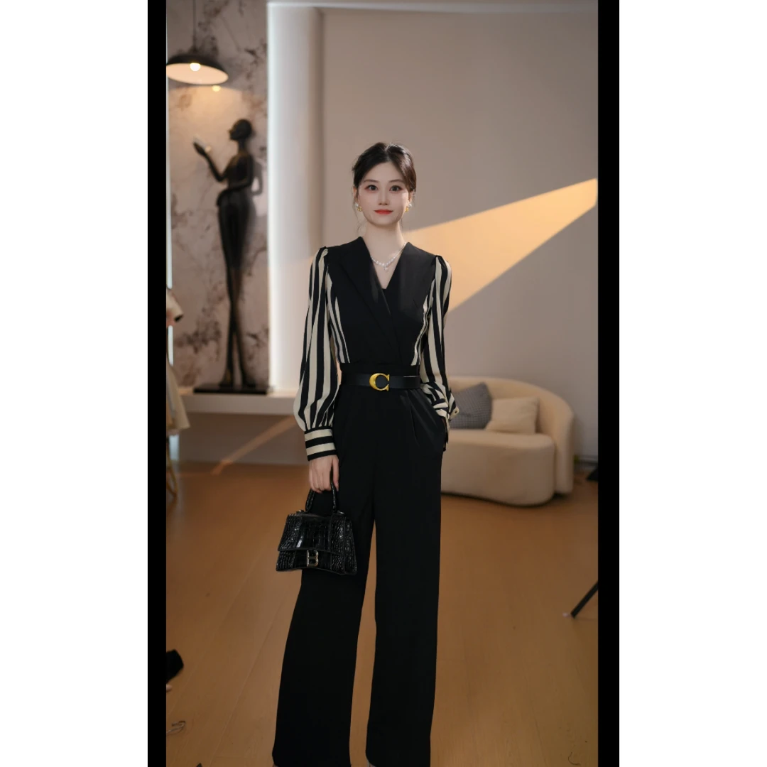 【琪琪专属替换】【送腰带】2025春季新款气质条纹系带连体裤D0522