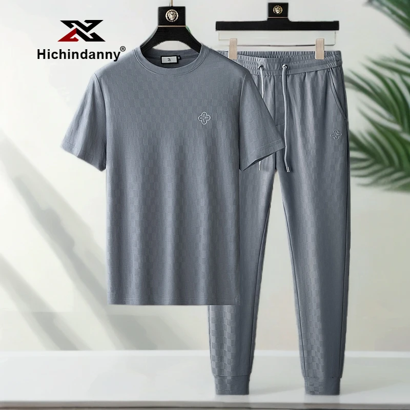 休闲运动套装男夏季短袖棉质清凉舒适透气棋盘格圆领两件套时尚