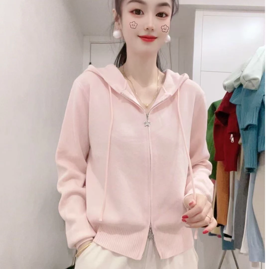 151短款连帽春季极简风毛针织衫上衣显瘦网红毛衣运动宽松开衫