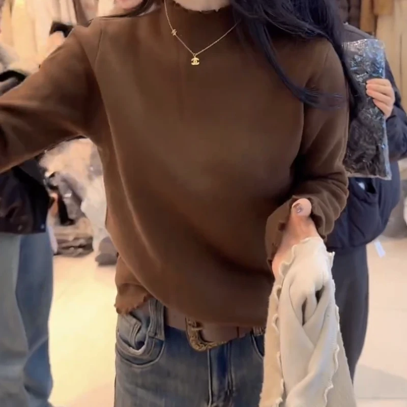 秋冬新款韩系百搭气质内搭女士中领半高领木耳边T恤LK2508322