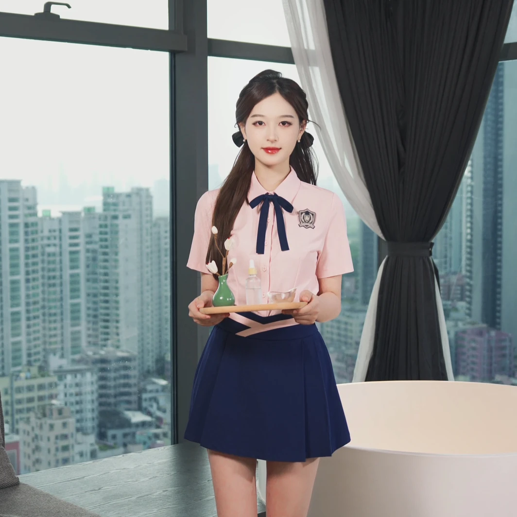 棠越足浴按摩技师衬衫短裙工衣学院风减龄粉色甜美褶裙套装4826