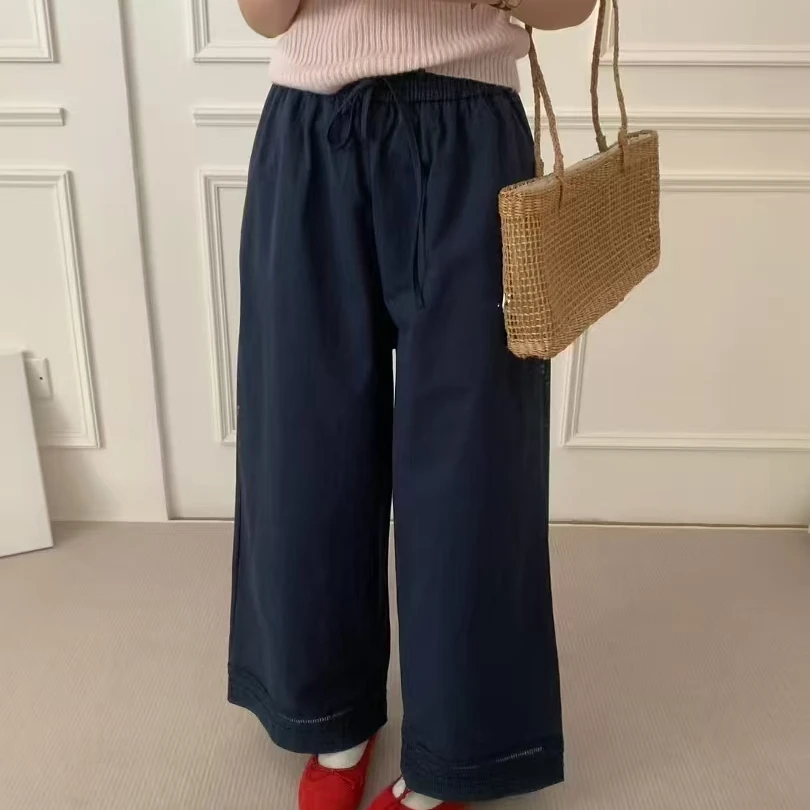 「雅阁布·藏青色花边刺绣韩系小阔腿直筒休闲裤369#」