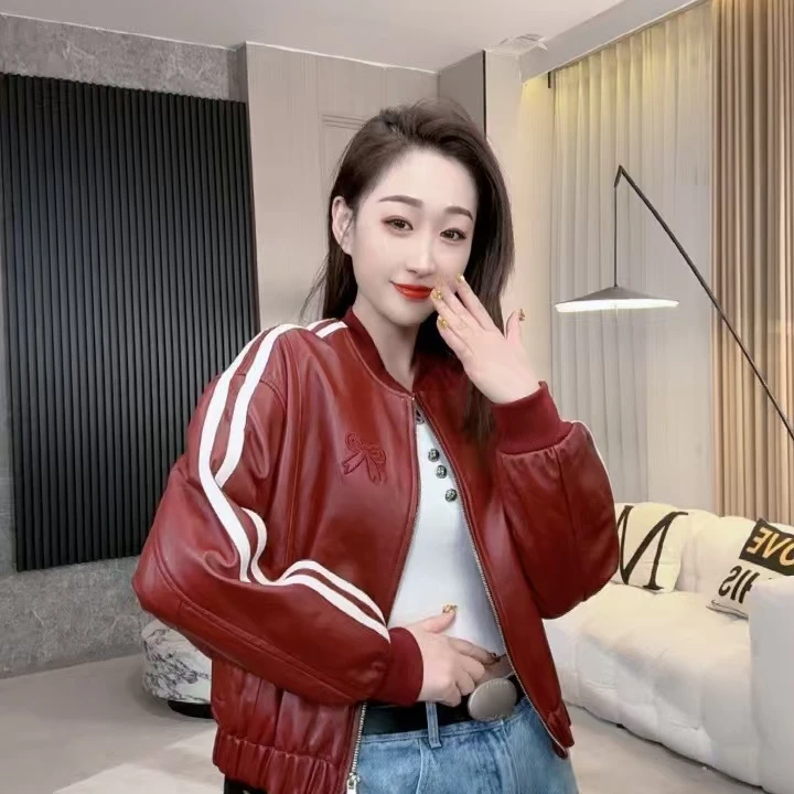 【若楠服饰】枣红蝴蝶结春季新款皮衣外套