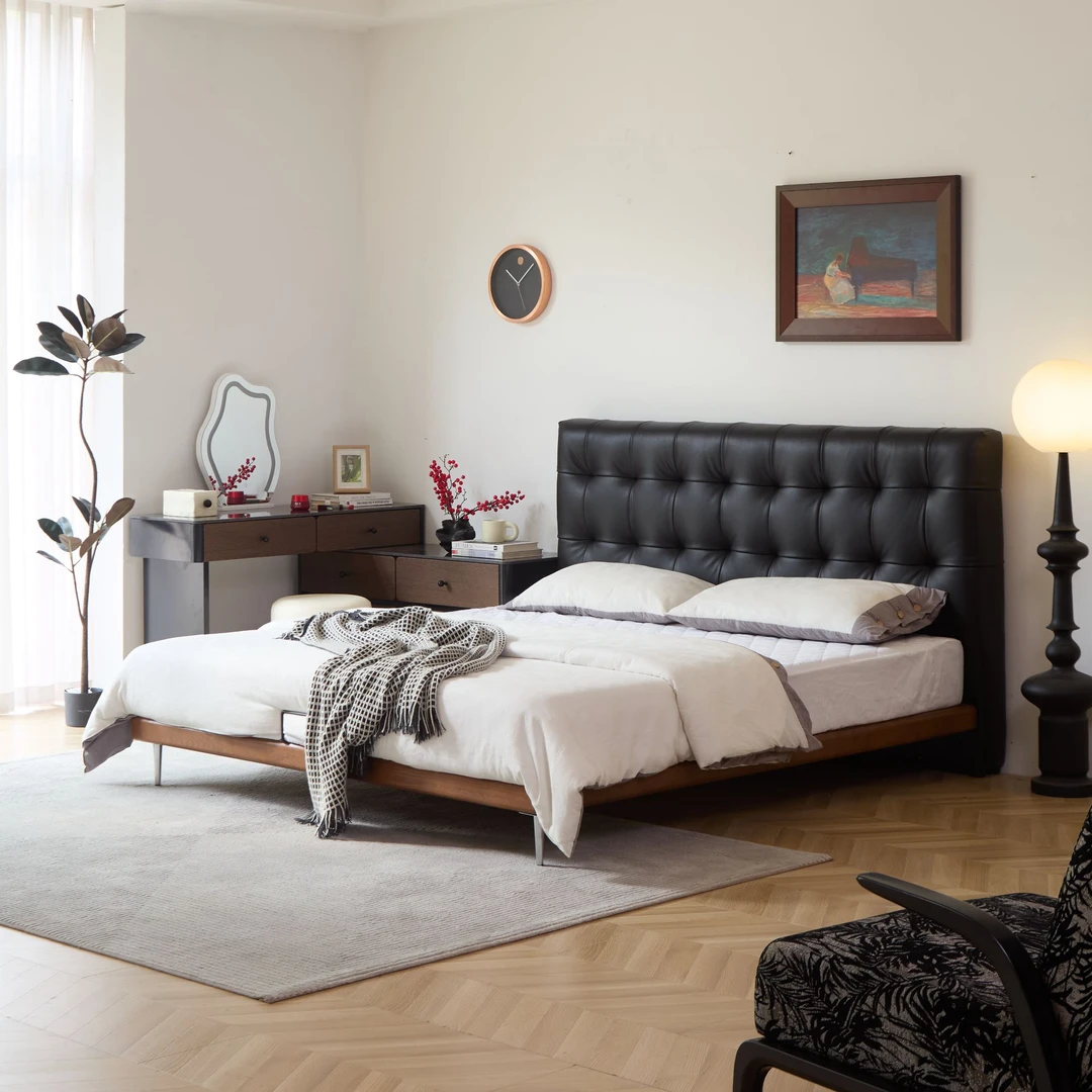 意式极简华夫格床北美进口白蜡木框架现代简约头层牛皮双人床