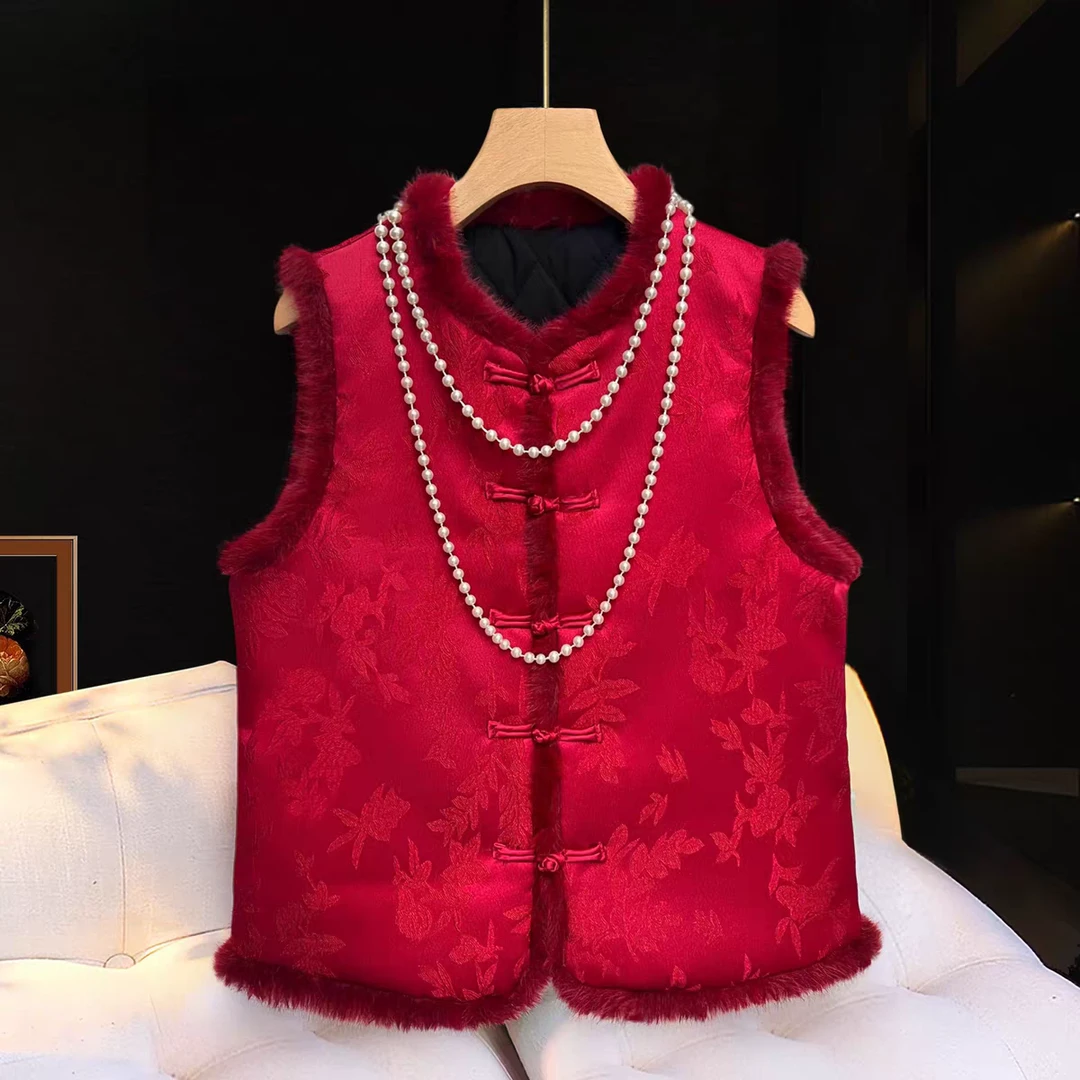 新年发财红马甲正红马甲春节女马夹冬季新中式国风刺绣加厚马甲