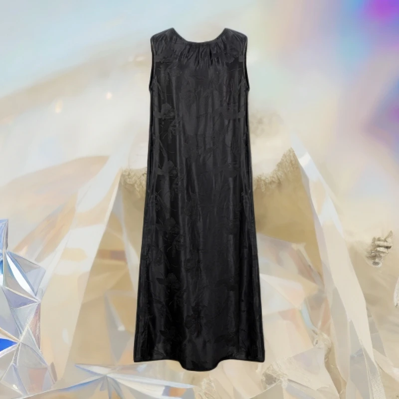 LL2025夏季新款女时尚黑色琉光缎无袖圆领长裙连衣裙85ZH07
