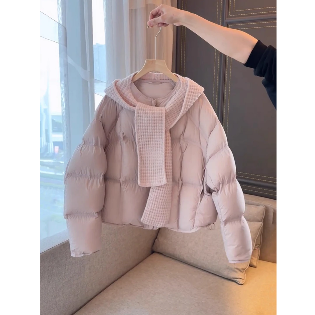 设计感可拆卸针织连帽粉色棉服女装2025冬季新款韩系时尚百搭外套