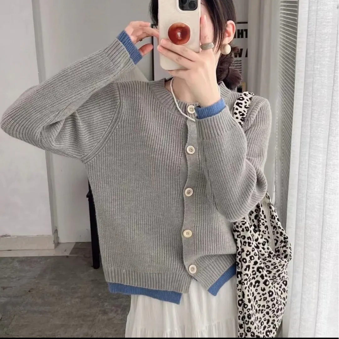 韩系温柔圆领针织拼色假两件外套2024新款短款宽松洋气上衣聚酯纤