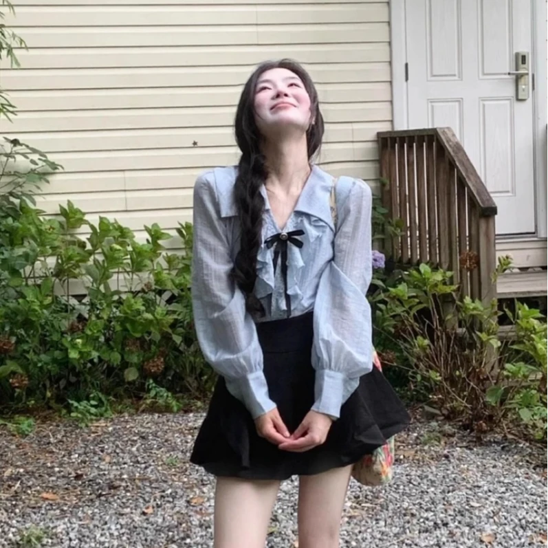 法式荷叶边蓝色衬衫女2024秋季韩系设计感百搭休闲长袖蝴蝶结上衣